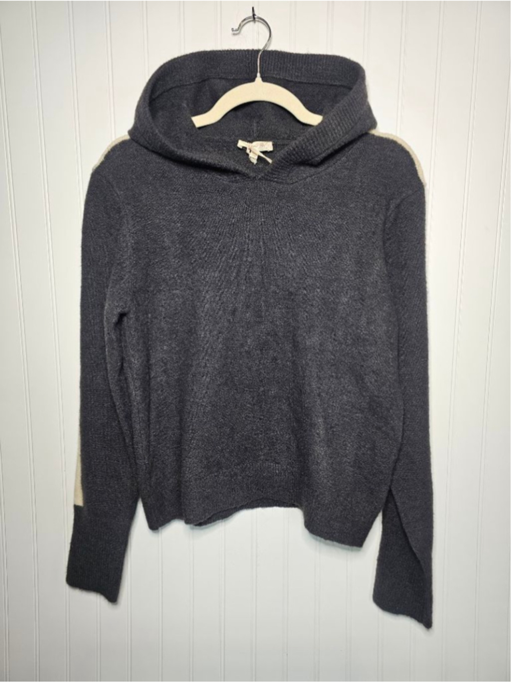 Mystree Charcoal Grey Knit Hoodie Sweater with Cream Sleeve Stripes - Size S